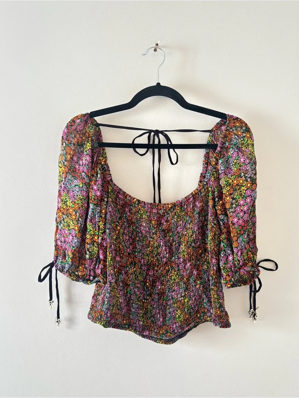 Free People Back On Top Blouse Puff Sleeve Smocked Bodice Square Neck Floral